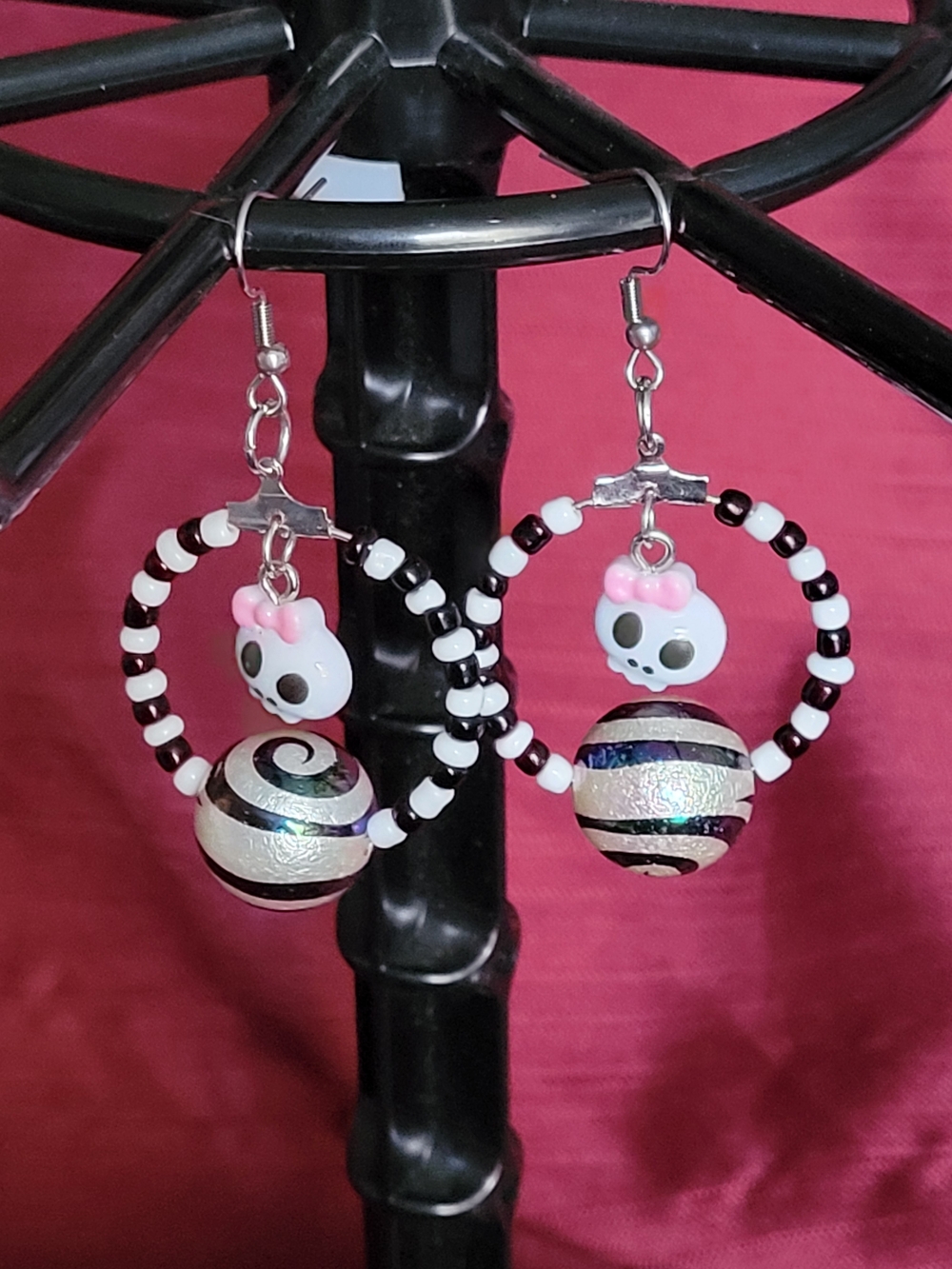 🍁NEW🍁Hand Crafted White & Black Skull Hoop Earrings